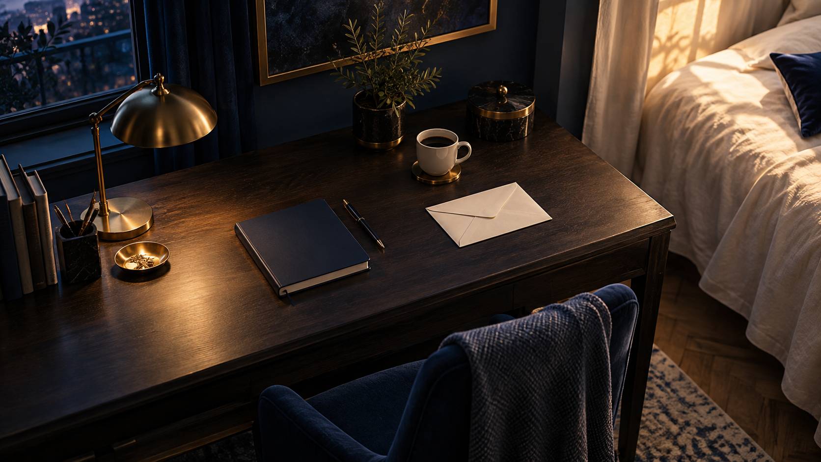 Carnet ferme et enveloppe sur un bureau au matin