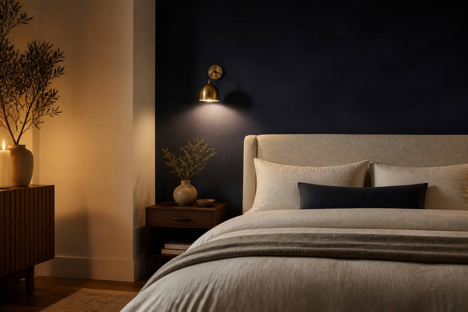 Mur de tête de lit peint en deux tons crème et bleu nuit, applique en laiton doré allumée