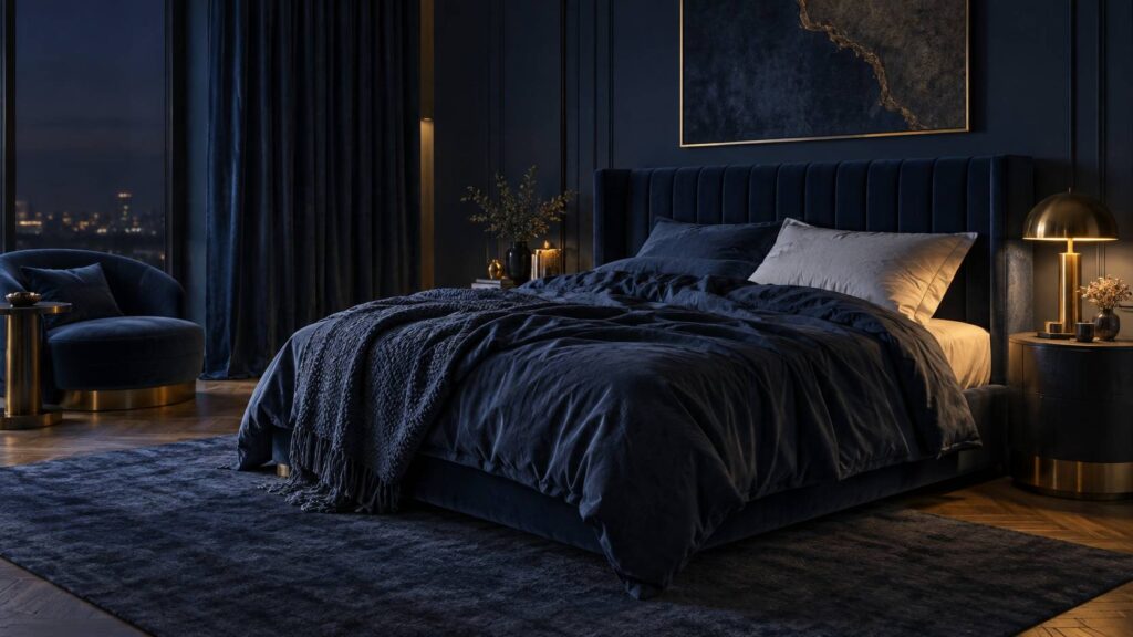 Chambre bleu nuit avec oreiller ferme et lampe de laiton