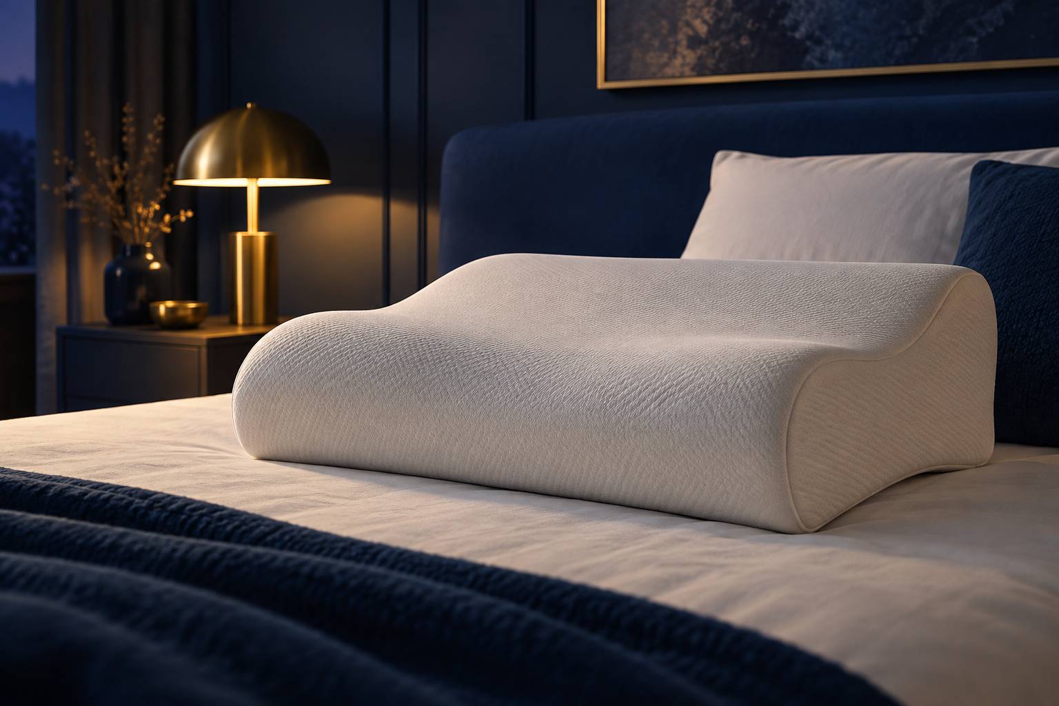 Oreiller ergonomique a memoire de forme sur un drap clair