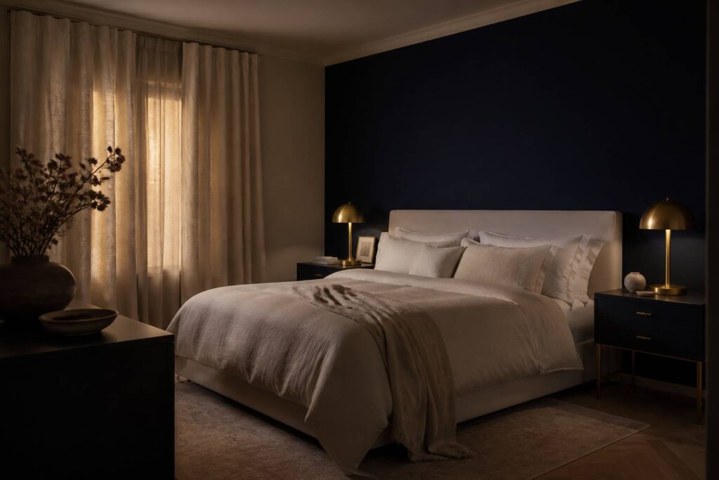 Chambre adulte apaisante aux murs crème et bleu nuit, lampes en laiton à la lueur douce
