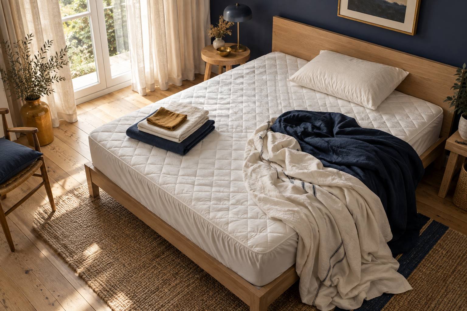Protege-matelas blanc a bord elastique sur un matelas nu