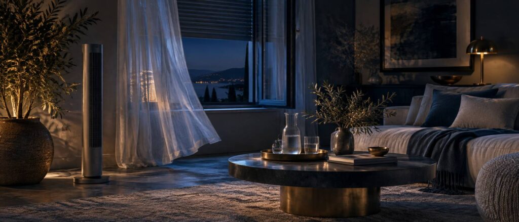Salon au crépuscule avec fenêtre entrouverte et ventilateur colonne
