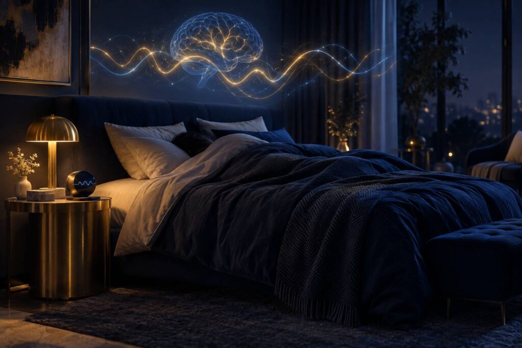 Illustration éditoriale du sujet : Sommeil REM : rôle, durée et impact du sommeil paradoxal sur la santé