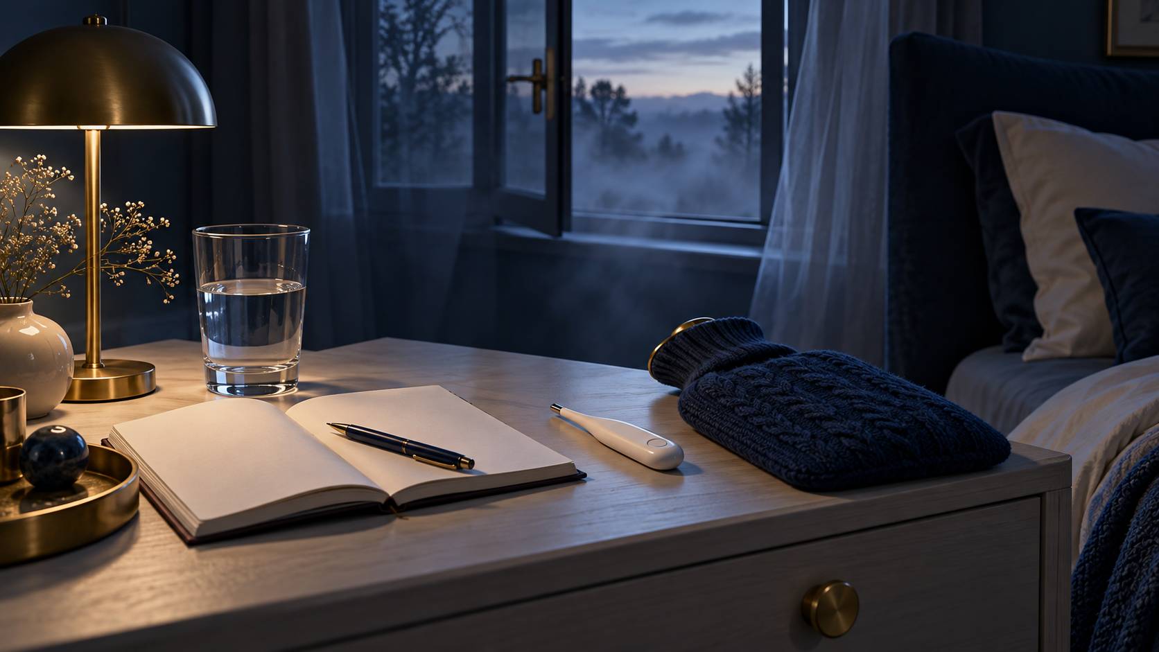 Verre d'eau, thermomètre et carnet posés sur une table de nuit claire