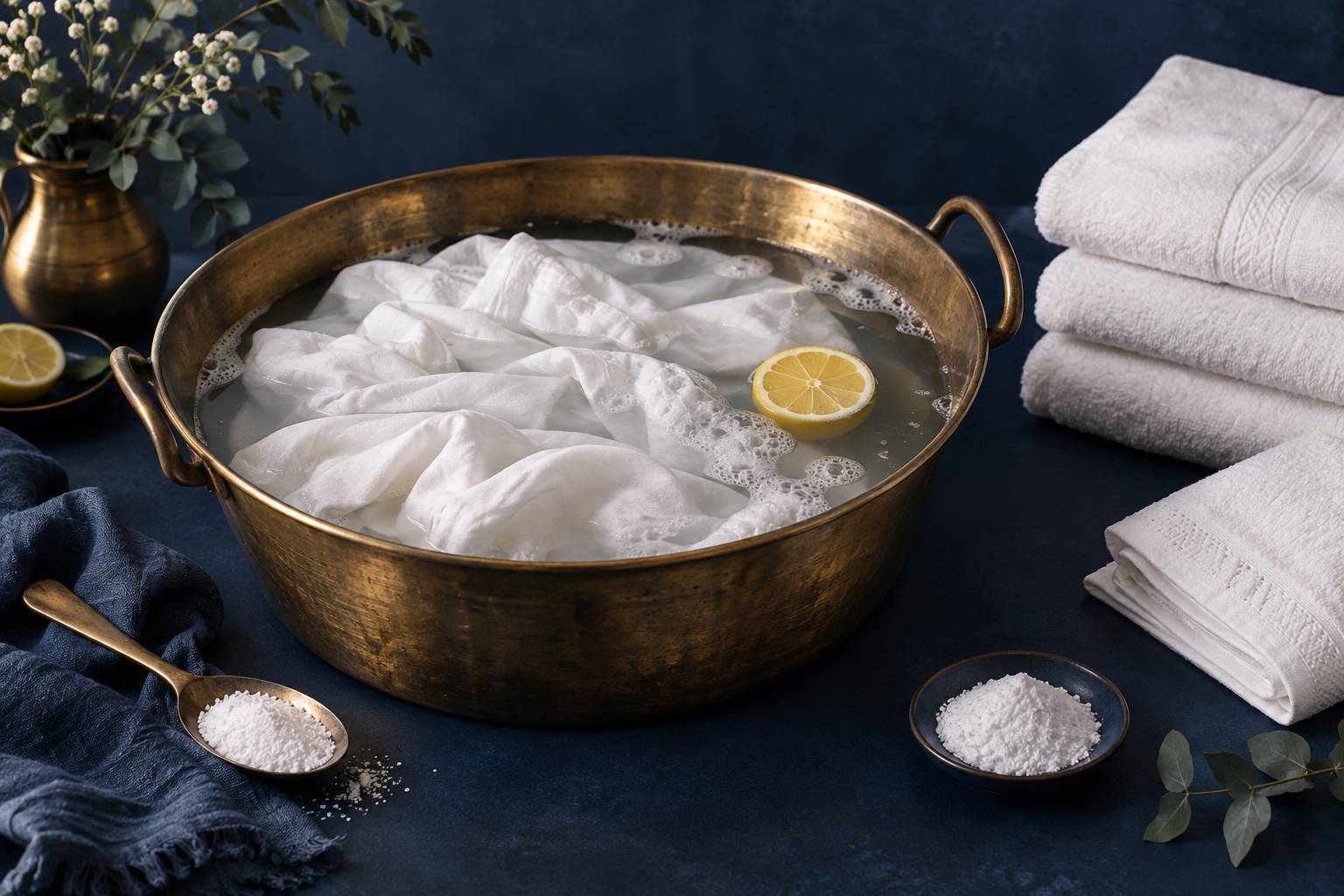 Bassine de blanchiment naturel avec linge blanc et percarbonate de soude