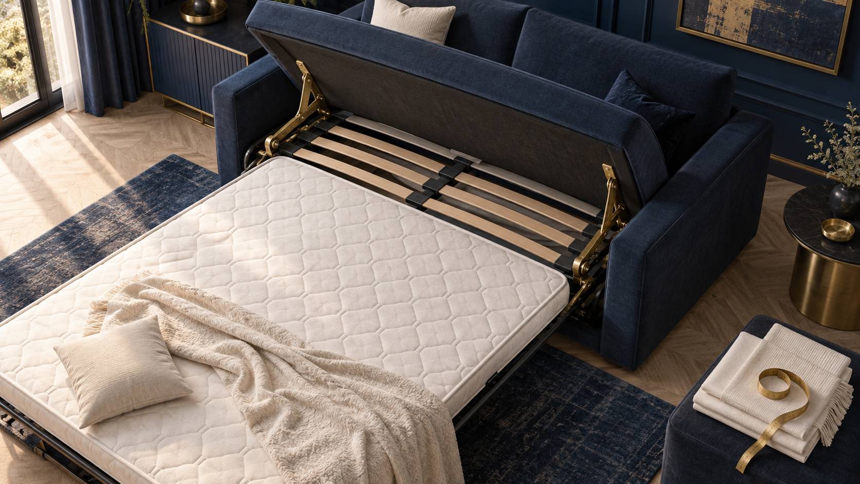 Mecanisme metallique et sommier a lattes d'un canape-lit convertible