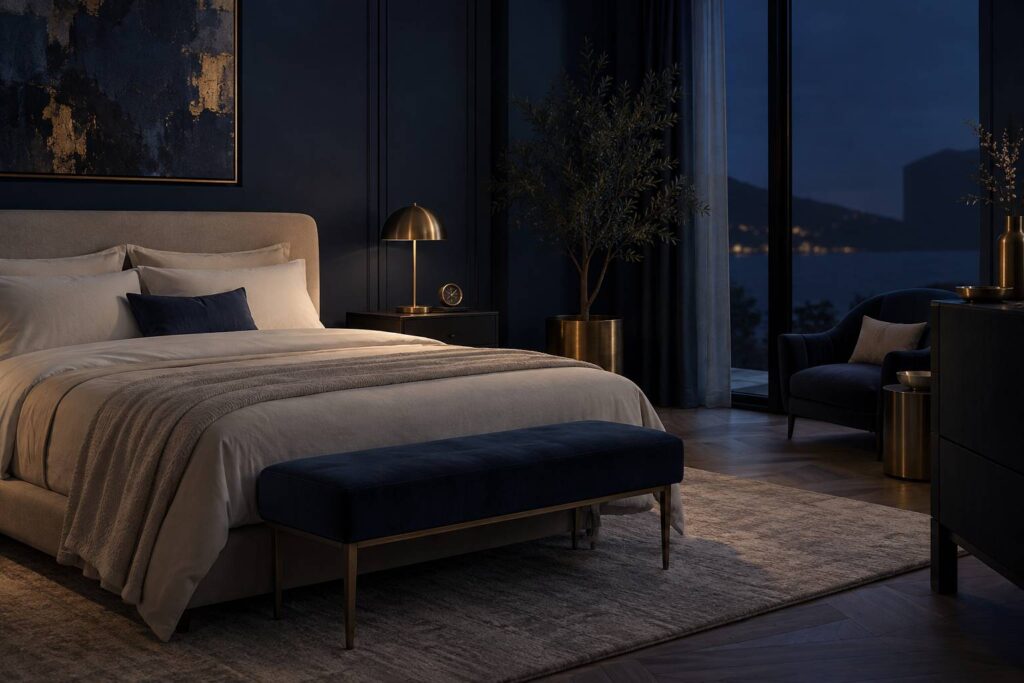 Chambre sobre avec lit aux draps clairs et petite lampe de chevet