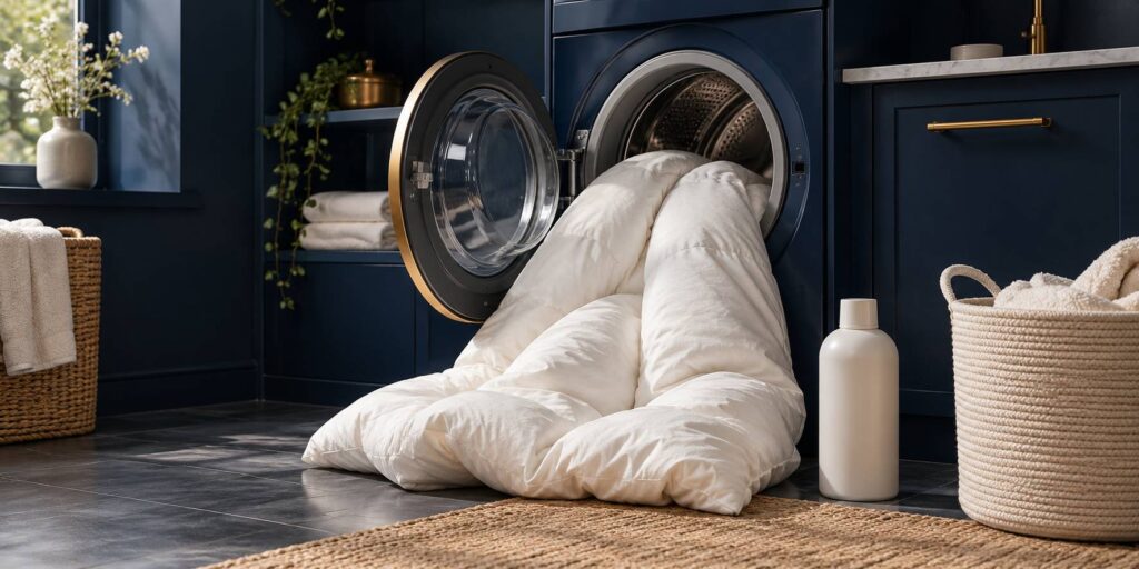 Couette blanche gonflante devant le hublot ouvert d'une machine à laver dans une buanderie feutrée