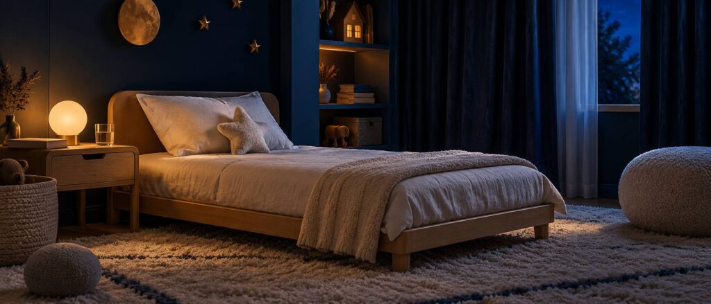 Lit d'appoint d'enfant préparé dans une chambre, couverture pliée et veilleuse allumée