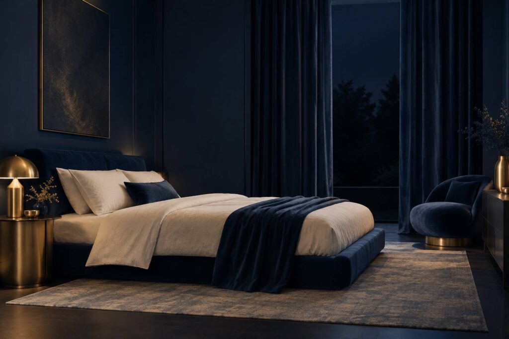 Chambre feutrée avec lit bas et lampe de chevet