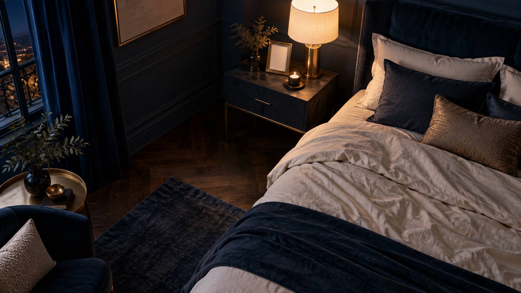 Coin de lit, lampe et cadre neutre dans une chambre