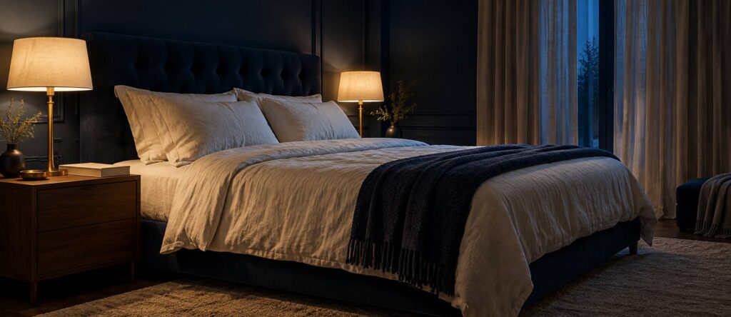 Lit double au matelas épais et drap de lin crème dans une chambre bleu nuit éclairée par une lampe de laiton