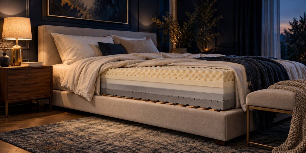 Coupe laterale d'un matelas a couches de mousse dans une chambre en lumiere chaude