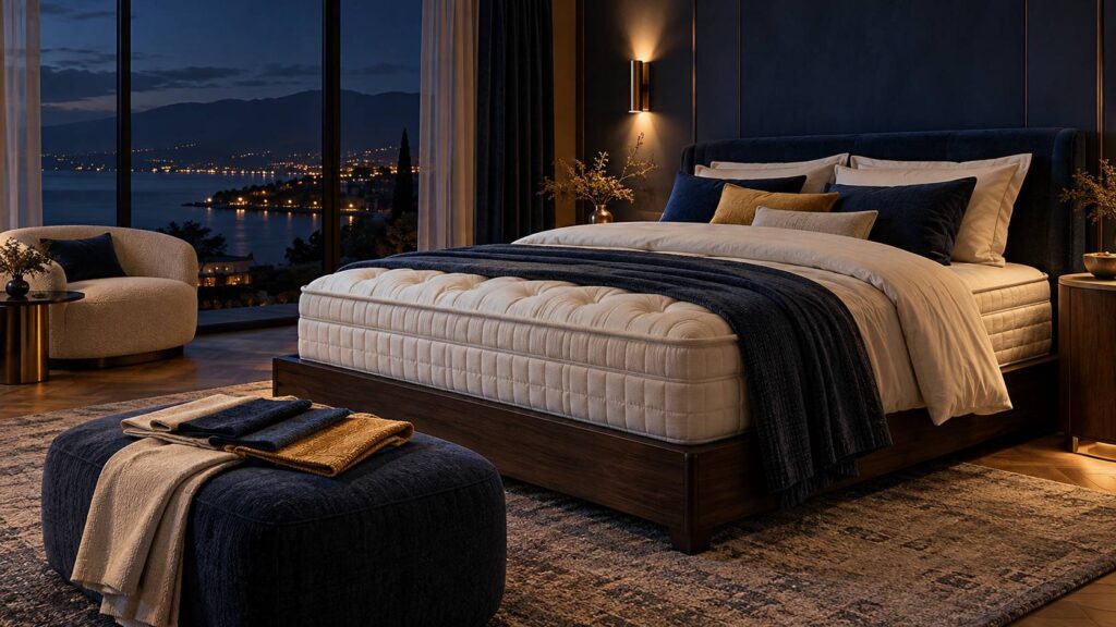 Matelas épais sur sommier de bois avec oreillers empilés et échantillons de tissus
