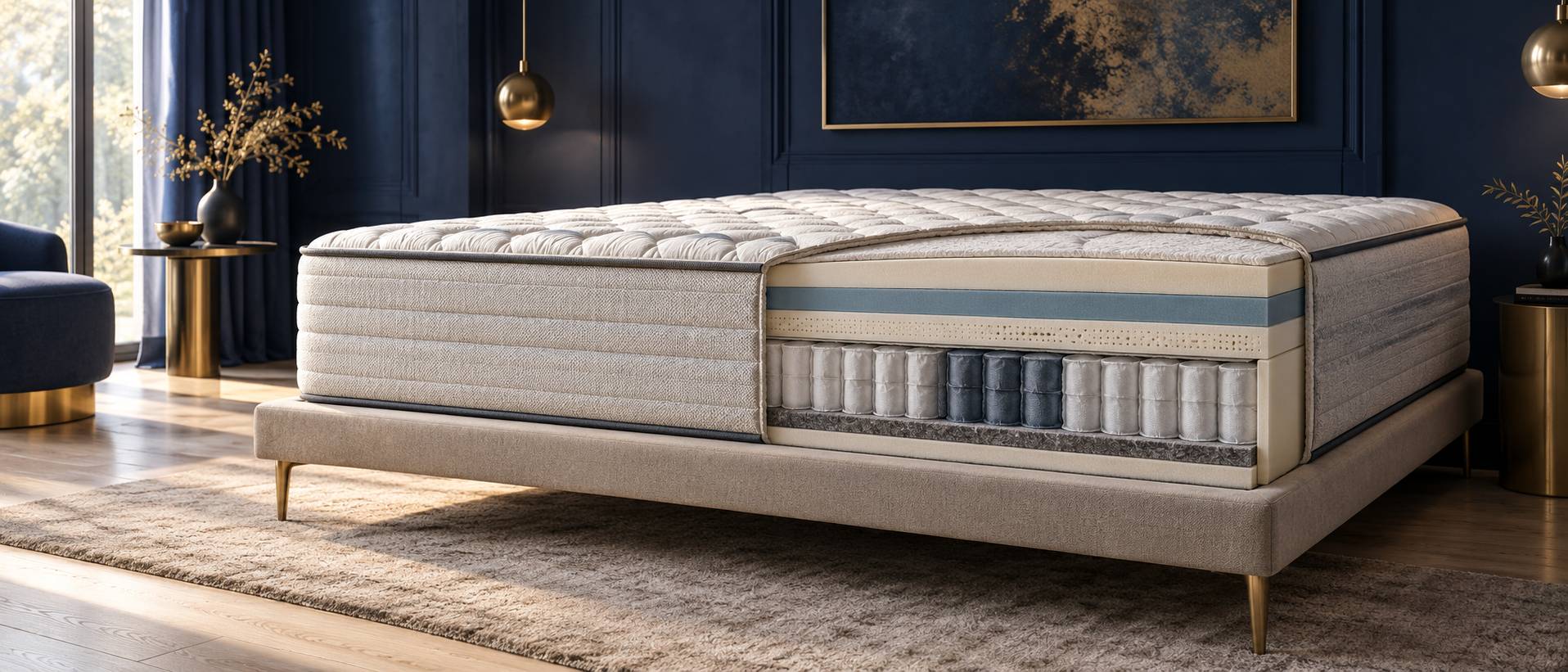 Matelas posé sur un sommier montrant ses couches de mousse et de ressorts