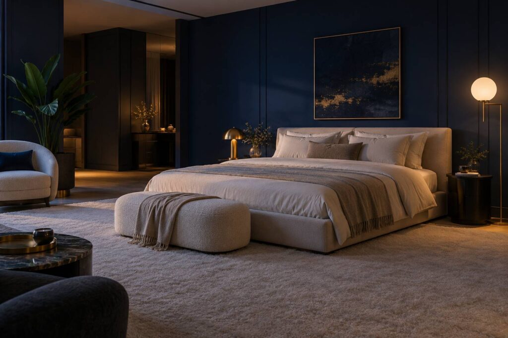 Chambre feutree avec moquette claire et lumiere chaude