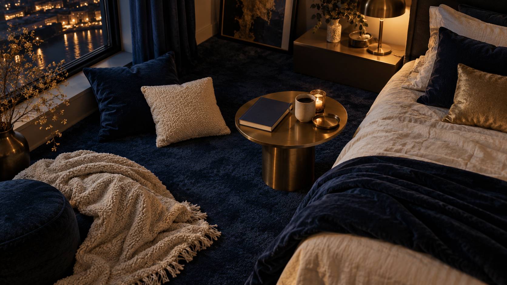 Coin de chambre avec moquette epaisse, coussins et lampe