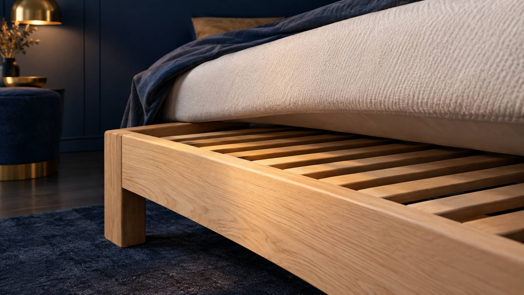 Sommier en bois massif aux lattes régulières sous un matelas dans une chambre bleu nuit