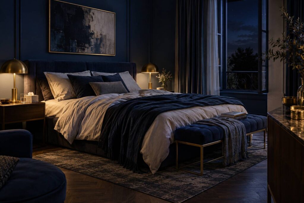 Chambre à coucher la nuit avec verre d'eau et mouchoirs sur la table de nuit